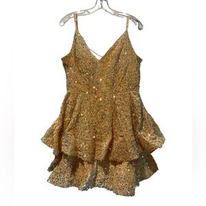 HY Gold Sequin Ruffle Wedding Prom Formal Party Babydoll Mini Dress Fairy sz 14